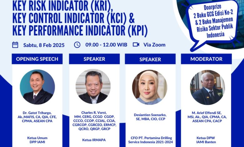 Free Webinar IAMI Banten bekerjasama dengan IRMAPA topik “Key Risk Indicator (KRI), Key Control Indicator (KCI) & Key Performance Indicator (KPI)”, pada hari Sabtu tgl 8 Februari 2025 Jam 09.00 – 12.00 WIB. Free Webinar IAMI Banten bekerjasama dengan IRMAPA topik “Key Risk Indicator (KRI), Key Control Indicator (KCI) & Key Performance Indicator (KPI)”, pada hari Sabtu tgl 8 Februari 2025 Jam 09.00 – 12.00 WIB.